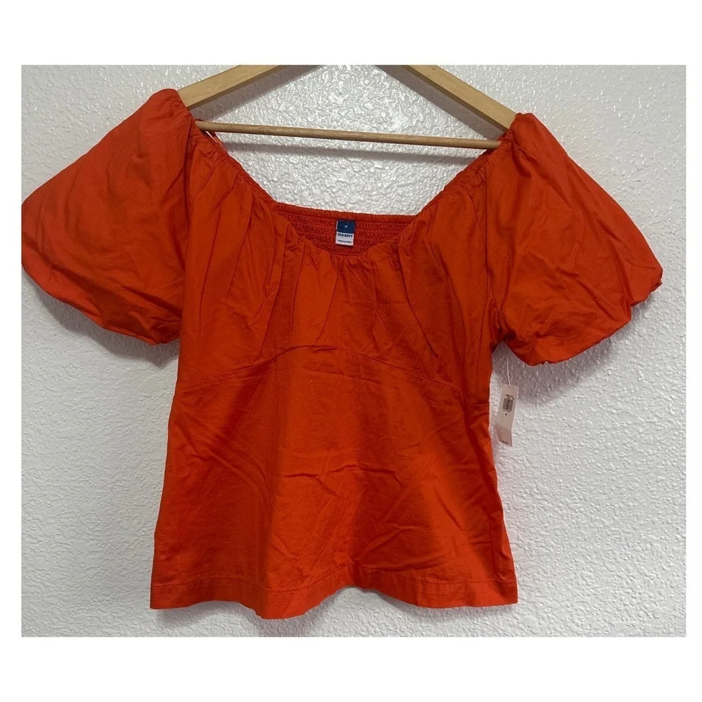 NWT Old Navy Womens Orange Puff Sleeve Smocked Back Square Neck Blouse Top Med